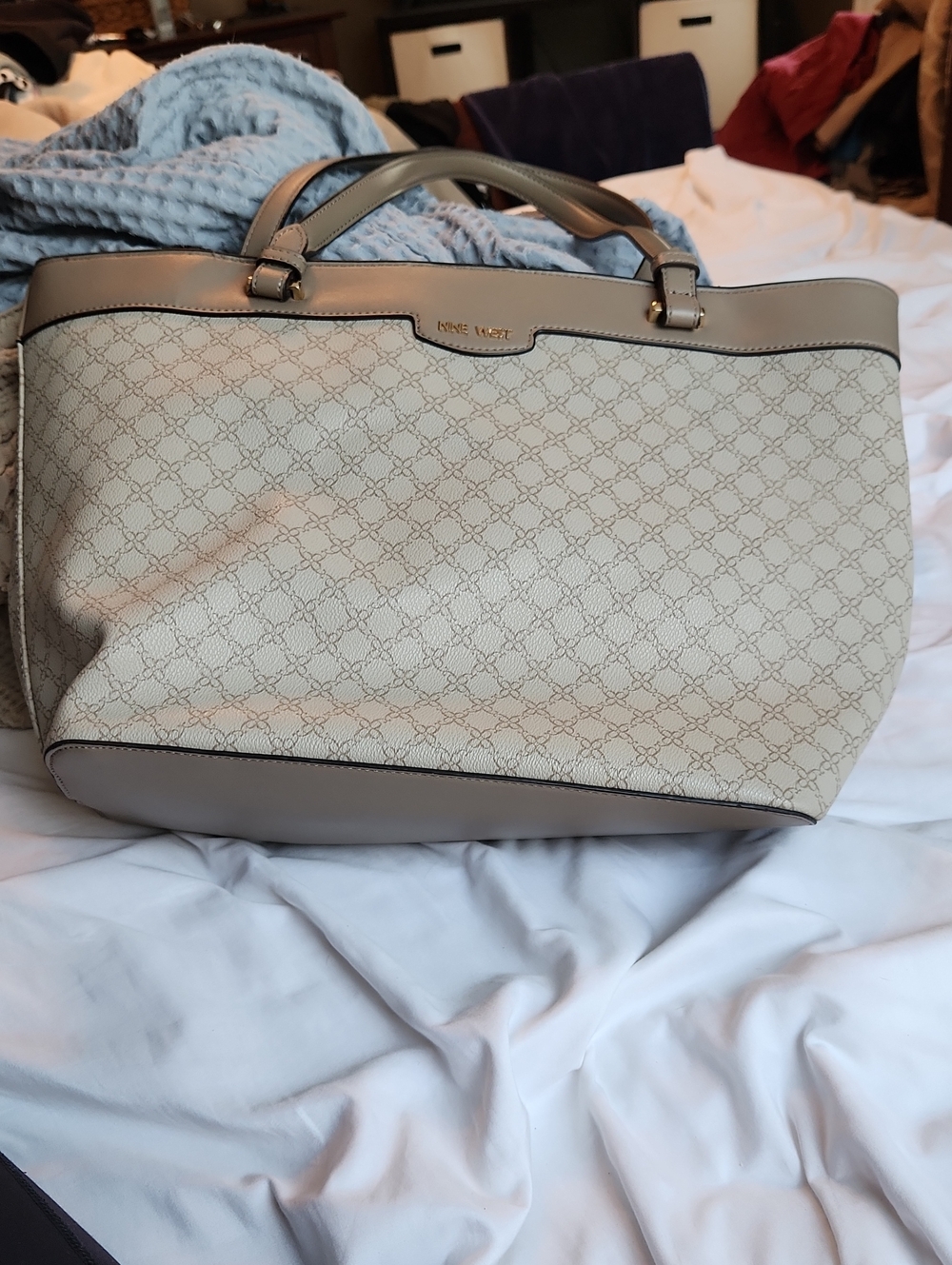 Nine West Beige Monogram Tote with Taupe Trim